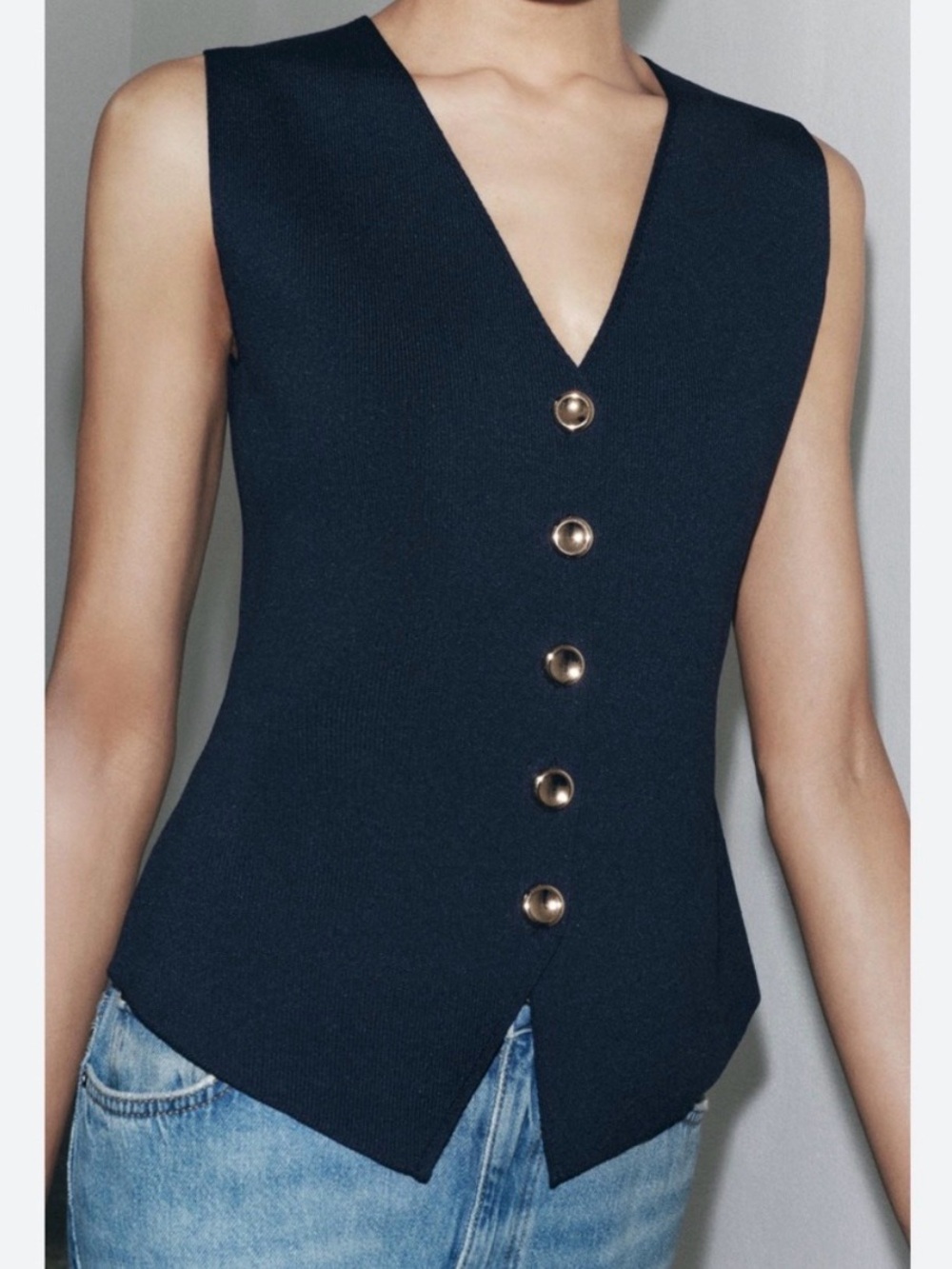 Zara Knit Baby Blue Vest Gold Button - Picture 2 of 2